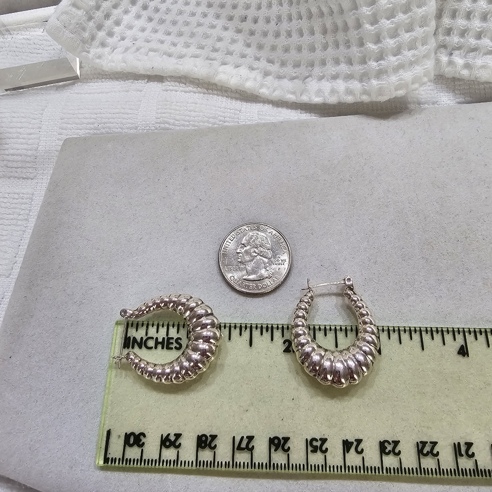 Vintage Chunky Ribbed Silver Oval Shrimp Hoop Earrings 925 - Picture 7 of 9